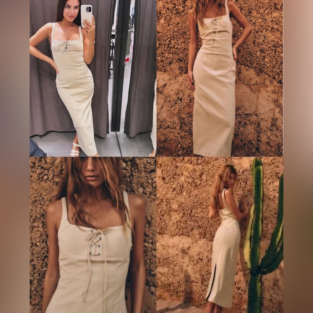 Zara Beige Lace-Up Midi Dress - Picture 3 of 7
